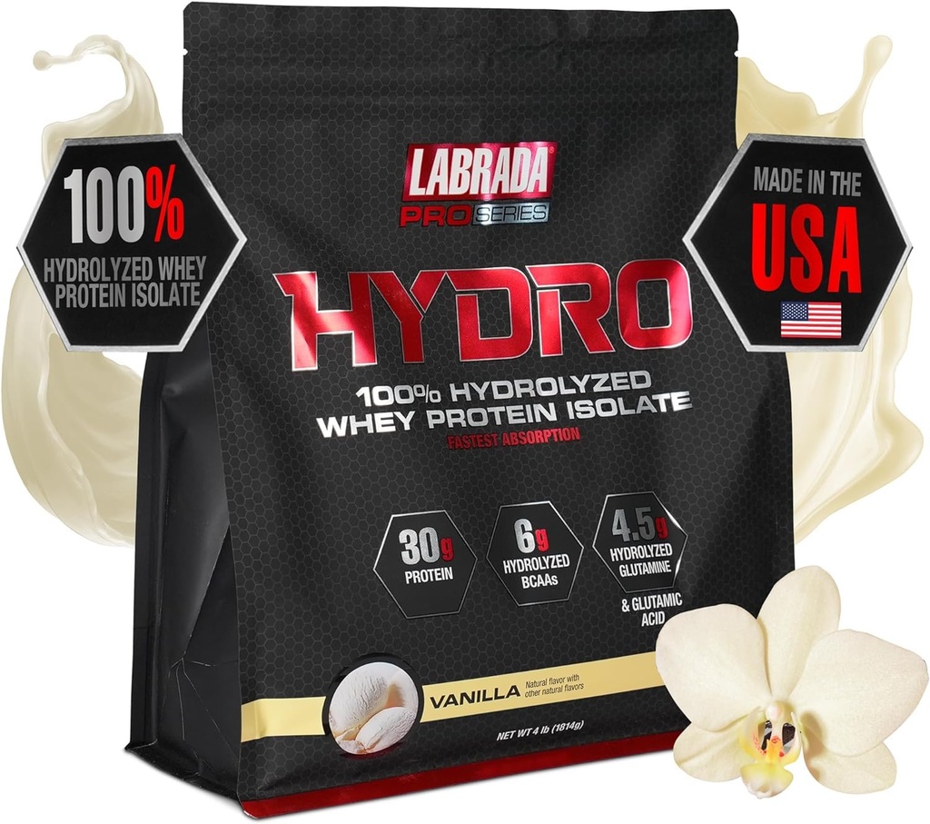 LABRADA Hydro 100% Pure Hydrolyzed Whey Protein Isolate Powder, Lactose Free, Glutamine, Fastest Digesting Whey Disponible, Mezcla instantánea, Delicious Taste 48 Servings 4lb (Vanilla)