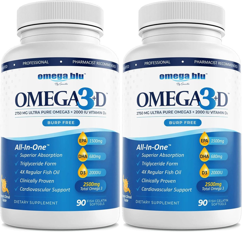Triple Strength Farmaceutical Grade Fish Oil 2750mg - Vitamina D3 50mcg - 1500mg EPA - 680mg DHA - Heart - Cholesterol - LDL - HDL - No Burps o Heartburn - Alta concentración - 90 Servings