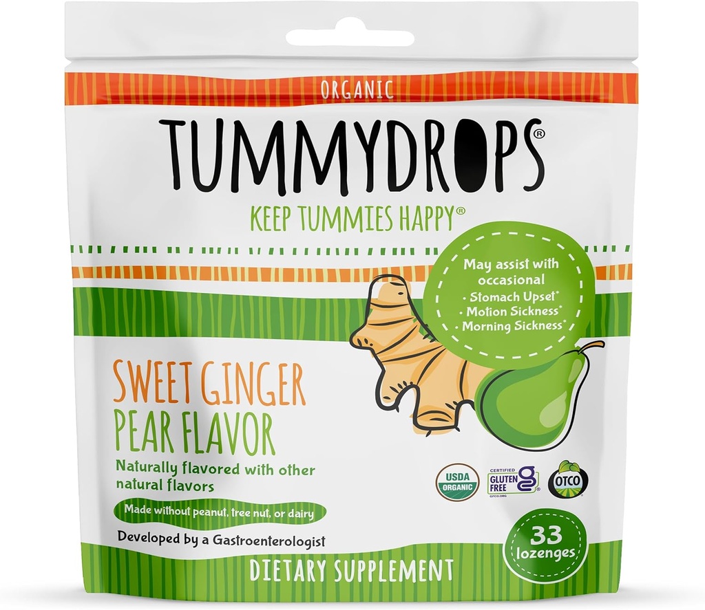 USDA Organic Sweet Ginger Pear Tummydrops, Gluten Free & Vegan. 33 Lozenges de jengibre orgánico en una bolsa sellable.