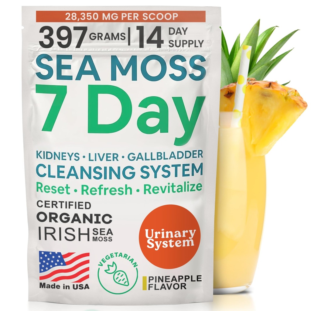 Atlantic Naturals Sea Moss 7 Day Detox Liver, Gallbladder & Kidney Cleanse - Soporte con Dandelion Root, Milk Thistle, Burdock Root, Red Clover, Chanca Piedra - Pineapple Flavor Drink Mix (14 oz)