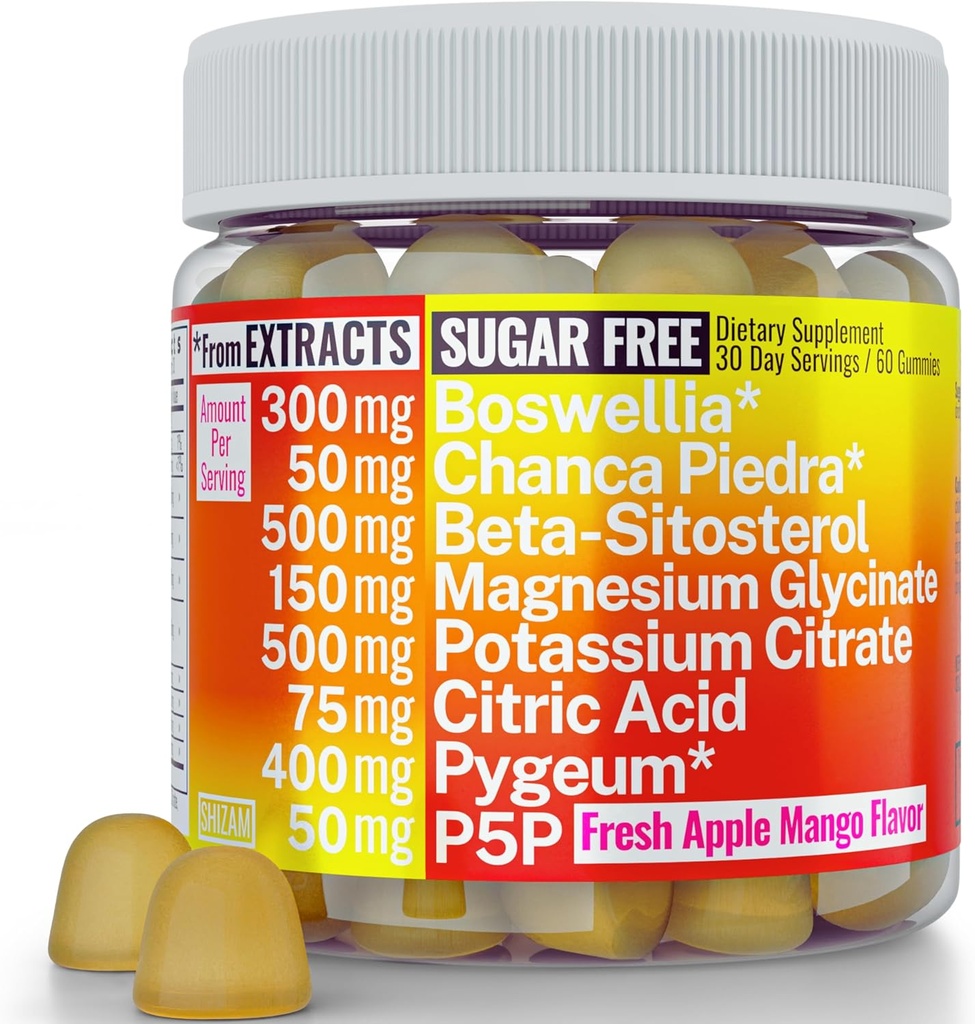 Boswellia Chanca Piedra Pygeum Beta-Sitosterol Gummies with Magnesium Glycinate Potassium Citrate P5P ANTE Stone Breaker Prostate Kidney Stone Uric Acid Flush &amp; Cleanse ¦ Pills Capsules Suplemento Alt