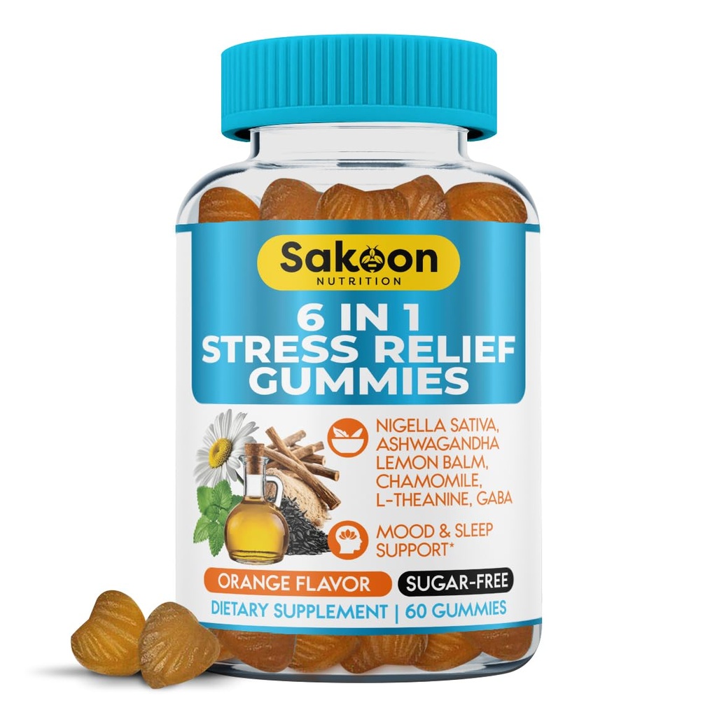 6-in-1 Stress Relief Gummies 60ct - Aids Relaxation with Ashwagandha, GABA, L-theanine, Lemon Balm, Chamomile, Black Cumin Seed Nigella Sativa. Mejora del sueño profundo, apoyo conjunto - 60 gommies