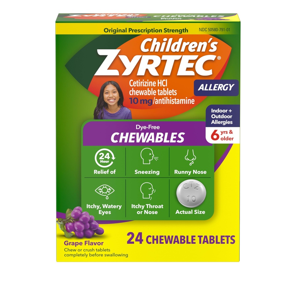 Zyrtec para niños sin tinte para el alivio de alergia de 24 horas, 10 mg de clorhidrato de cetirizina de medicamentos antihistamínicos, medicamentos para la alergia infantil Alivian el estornudo y picazón, uva, 24 cts