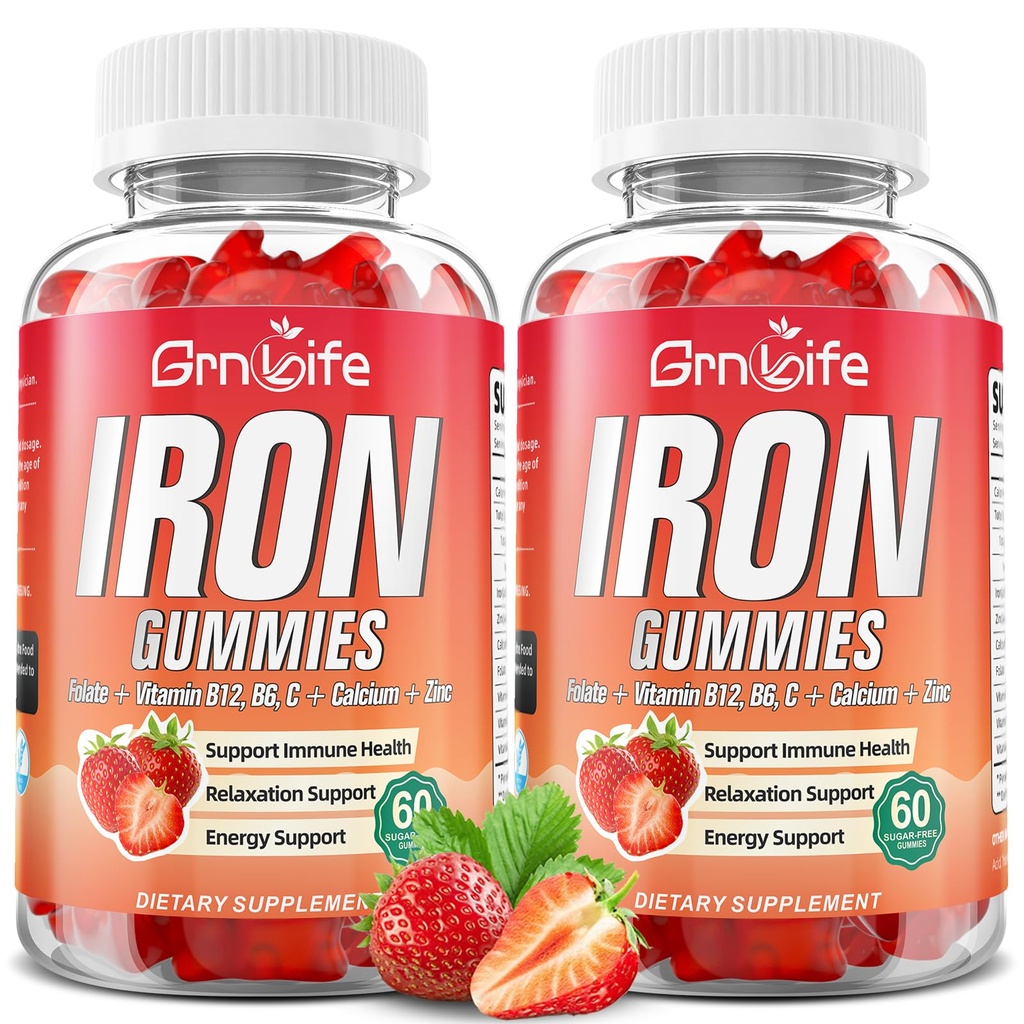 Gummies de hierro para mujeres, hombres y niños, suplemento de hierro sin azúcar con calcio, zinc, folato " Vitamin B12, C, B6 - para el edificio de sangre " Apoyo energético, anemia, fresa, 120 Condes