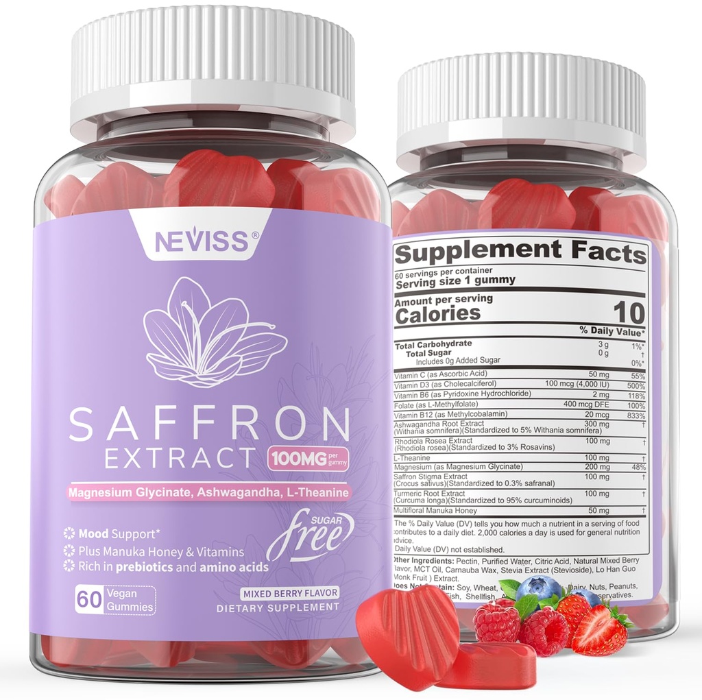 Saffron Supplements Gummies 100mg - 100% Puro Saffron Extract Con Magnesium Glycinate, L-Theanine, Turmeric, Ashwagandha, Honey & Vitamin B Complex for Mood & Power, Antioxidant, Vitality - 120 Condes