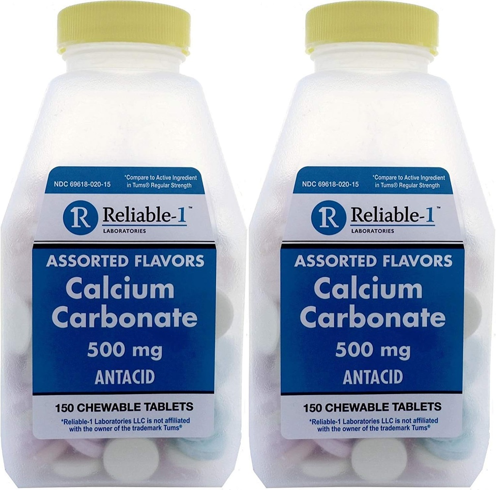 Calcio 500 mg Genérico para Tums surtidos Frutas Flavored Chewable Tablets Regular Strength Antacid for Acid Indigestion, Heartburn, Sour Stomach 150 Chewable Tablets per Bottle Pack of 2
