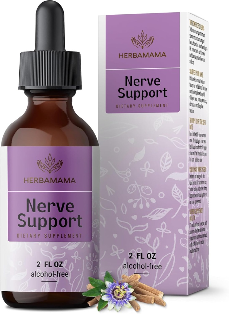 HERBAMAMA Nerve Support Supplement - Vegan Nerve Support Formula with Ashwagandha & Bacopa Monnieri for Brain - Non-GMO, Alcohol & Sugar-Free Daily Calming Drops for Adults, 28-Day Supply