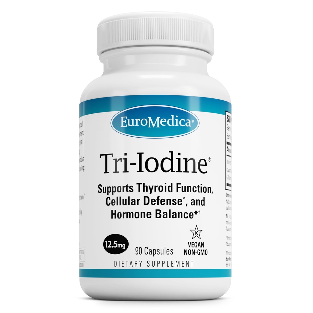 EuroMedica Tri-Iodine - Asistencia para la salud tiroidea - Ayuda equilibrio hormonal con yodo molecular de Kelp - Características Iodida de potasio & Iodide de sodio - Cerebro & energía Soporte - 12,5 mg, 90 cápsulas