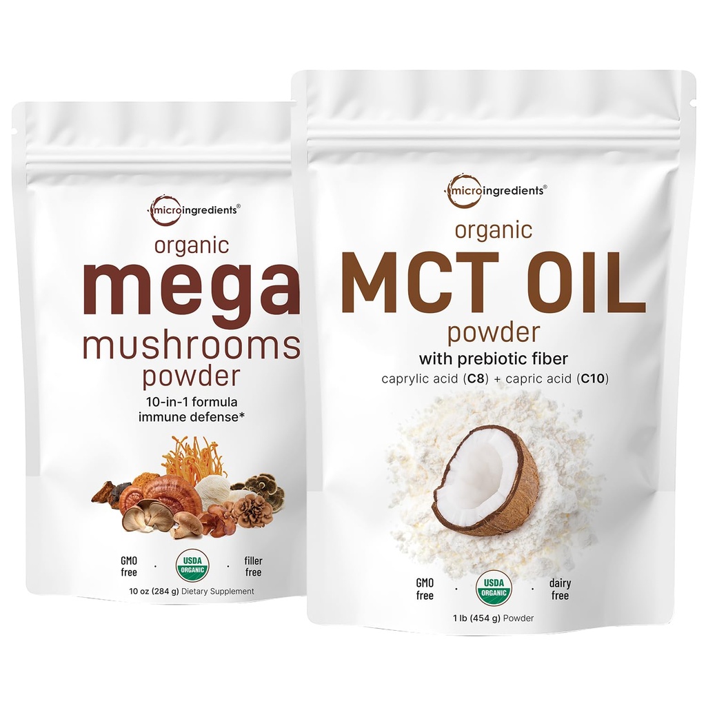 Micro Ingredientes Ecológico Mega Mushroom Polvo 10oz & Orgánica MCT Petróleo Polvo 1lb Bundle 2 Pack ← 10 en 1 Complejo de Mushroom Aceite, Cremadora de Plantas
