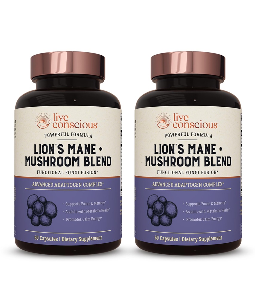 Live Conscious Lions Mane Mushroom Supplement Capsules for Brain Support w/Lion's Mane, Cordyceps, Reishi y Turquía Tail Mushrooms - Cognitive Memory Supplement for Brain (2-Pack)