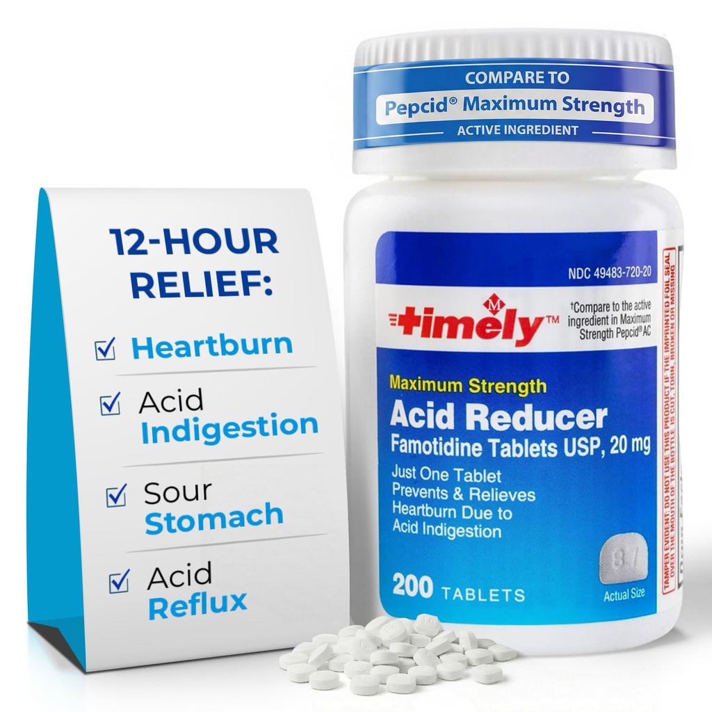 Reductor de ácidos Famotidina 20mg - Medicamento de Reflujo ácido anácido para el alivio de acidez y síntomas de indigestión ácido - 200 Tabletas