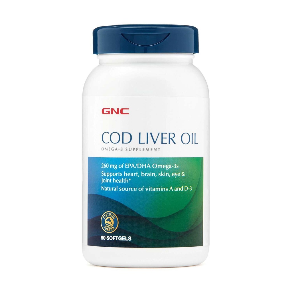 GNC Cod Liver Oil Omega 3 Suplemento, 260mg EPA y DHA, apoya el corazón, cerebro, piel, ojo y salud conjunta, 90 Softgels
