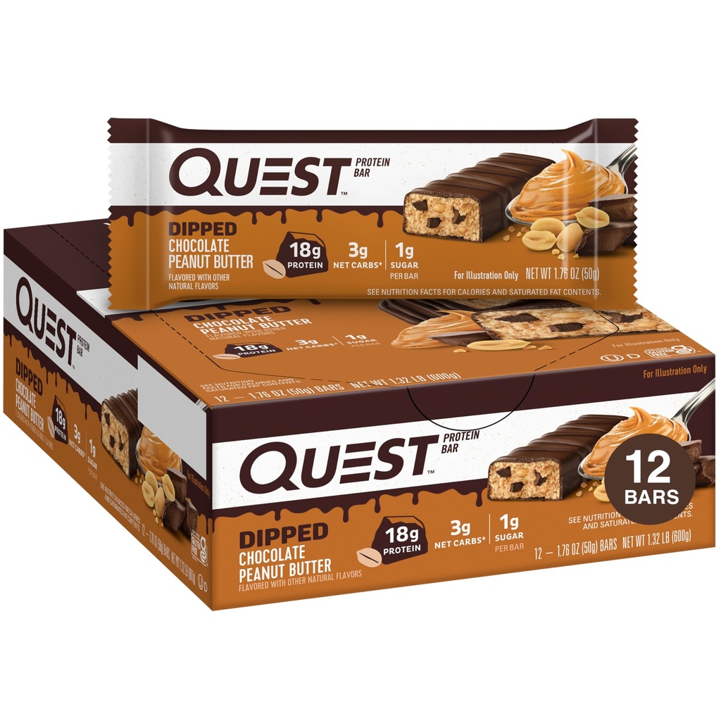 Quest Nutrition Dipped Chocolate Peanut Butter Protein Bares, 18g Protein, 1g Sugar, 3g Net Carbs, Gluten Free, 12 Condes