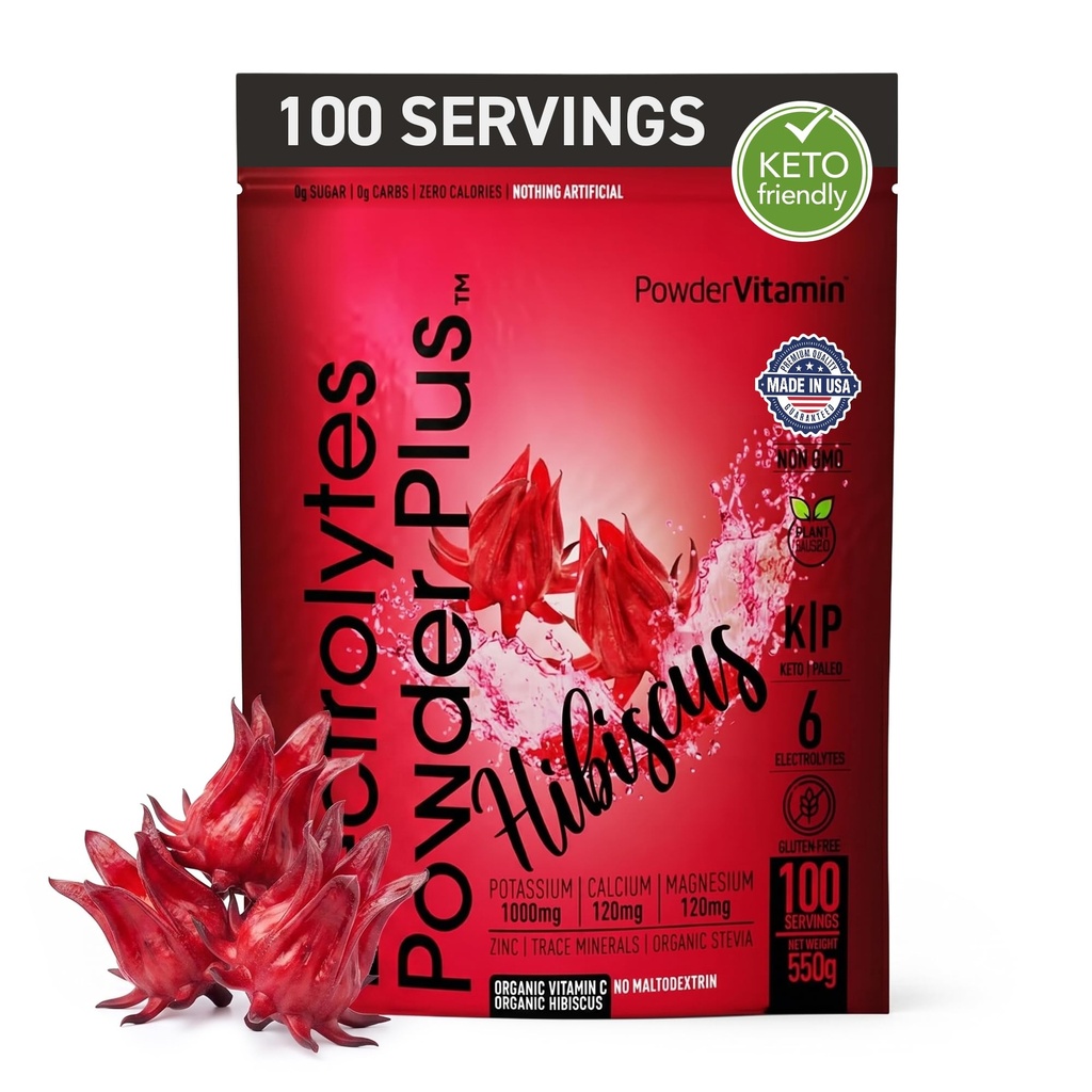 PowderVitamin Electrolytes Powder Plus (100 Servings) Hibiscus Electrolyte Powder Zero Calorie Keto,0 Azúcar, No Maltodextrin,1000mg Potasio, 120mg Calcium,120mg Magnesio, Hidration Powder