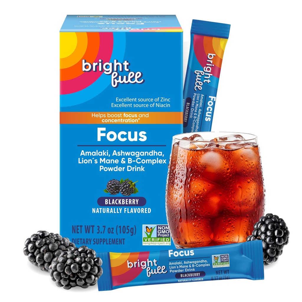 Suplemento enfocar azúcar libre Suplemento dietético Bebida mezcla con Ashwagandha, León Mane, B Vitaminas B1 B2 B3 B5 B6 B12, para el rendimiento cognitivo " Claridad BlackBerry, 21 Day Supply
