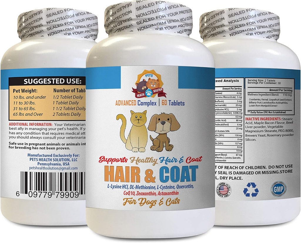 gato Skin and Coat Treat - Pets Hair and Coat Boost - para perros y gatos - Soportes Saludable piel uñas de pelo - Suplemento de vitamina para gatos - 1 botella (60 tabletas)