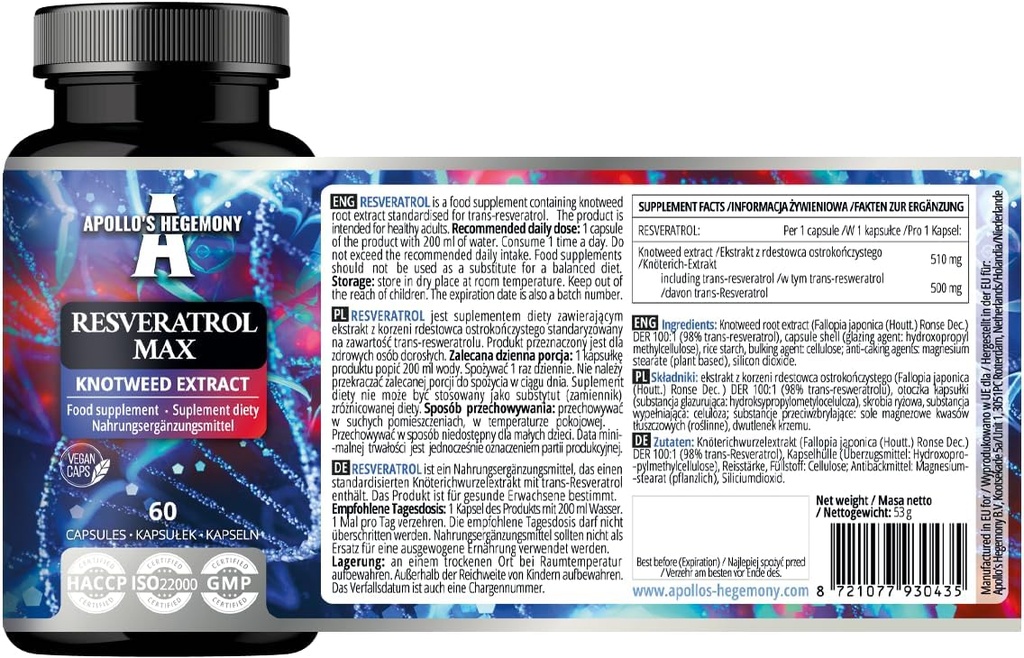 Resveratrol de APOLLO Max - 500 mg por cápsula - 60 cápsulas veganas - High Purity 98% Extracto - Apoyo Salud Circulatoria - Antioxidante natural - Suplemento dietético