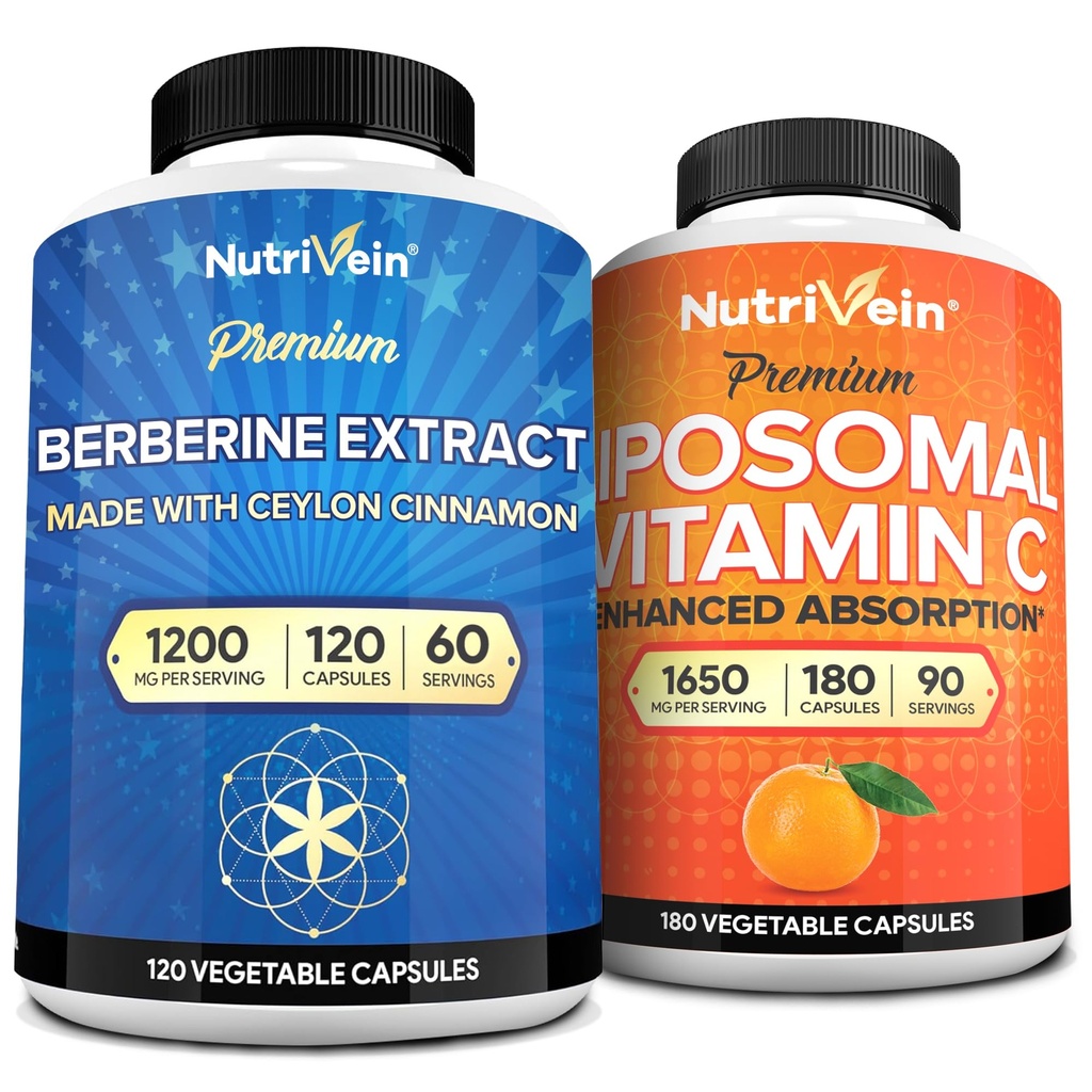 Nutrivein Premium Berberine &amp; Liposomal Vitamina C Suplemento: Alta absorción Vitamina C Capsules &amp; Beberina Suplemento Bundle for Immunity, Metabolism, " Balanced Well-Being