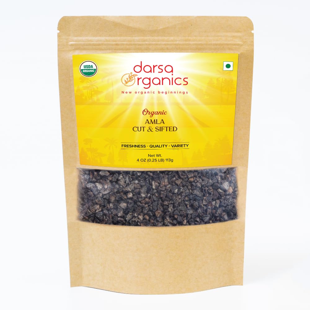 Darsa Organics Indian Gooseberry, Dried Amla Cut &amp; Sifted 4oz - USDA Organic Amla for Herbal Tea, Healthy Recipes, Hair Growth & Immunity, Rich in Vitamin C & Antioxidants, Vegan, non-GMO, Gluten Free, Kosher