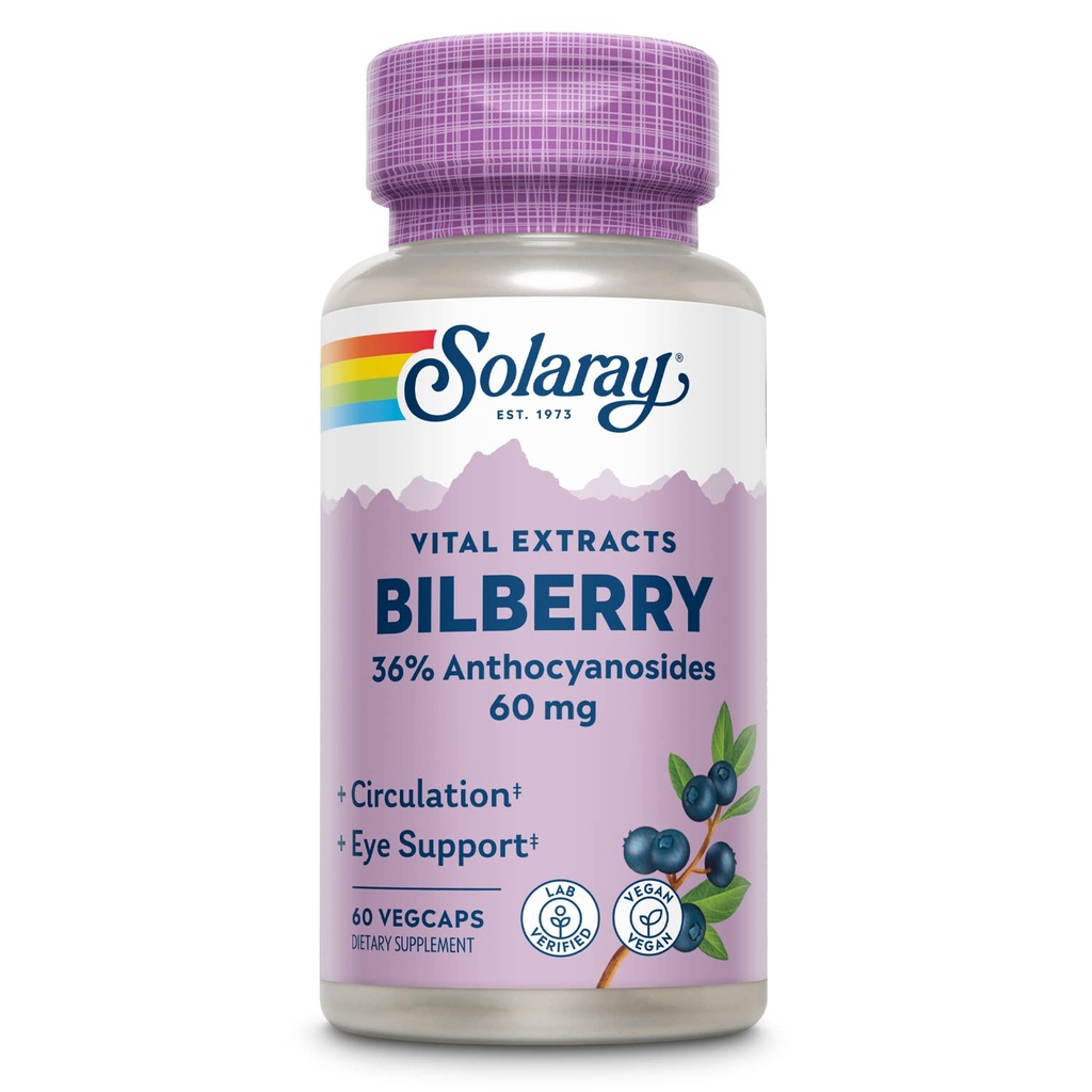 SOLARAY Bilberry Berry Extracto 60 mg  Powerful Antioxidant TEN Healthy Vision &amp; Circulation Support ← 60 VegCaps