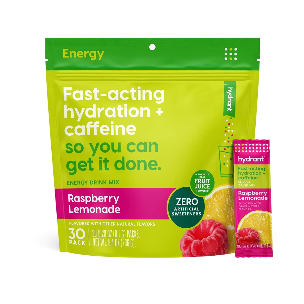 Hydrant - Electrolyte Powder Energía, Raspberry Lemonade Flavor, 30 Caffeine &amp; L-Theanine Energy Rehydration Stick Packs - Low Sugar Energy Powder for Daily Use
