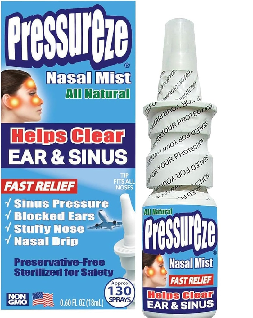 Presión Nasal Spray - All Natural Preservative-Free Sterile - Fast Relief Nasal Spray - para Alergias Sinus Congestión Orejas bloqueadas Loud Snoring ← 130 Sprays, 18 ml