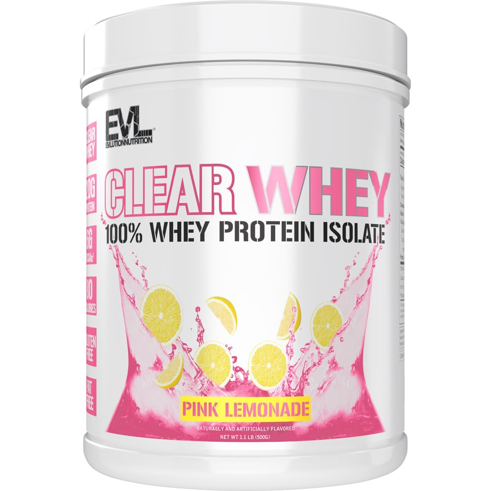 Evlution Nutrition Clear Whey - 100% Whey Protein Isolate - para el crecimiento muscular, fuerza &amp; recuperación - 20g Isolate Protein Por Serving - Absorbing rápido - Gluten & Fat Gratis - 1.1lb - Pink Lemonade