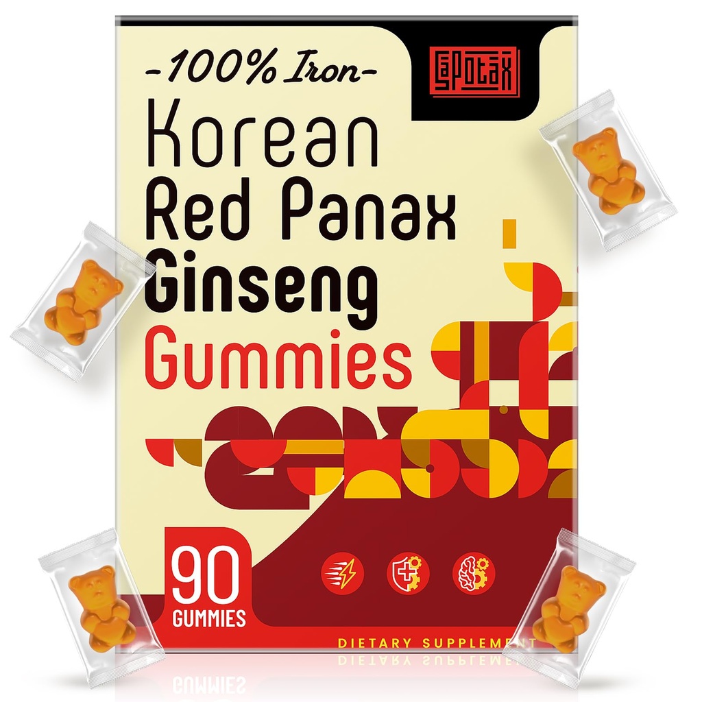 Coreana Panax Ginseng Suplemento Gummies - Suplementos de Hierro para Hombres de Hierro - Gummies de Hierro con Vitamina C, B6, B12, Potasio & Magnesio, Vegan - 90 Conde