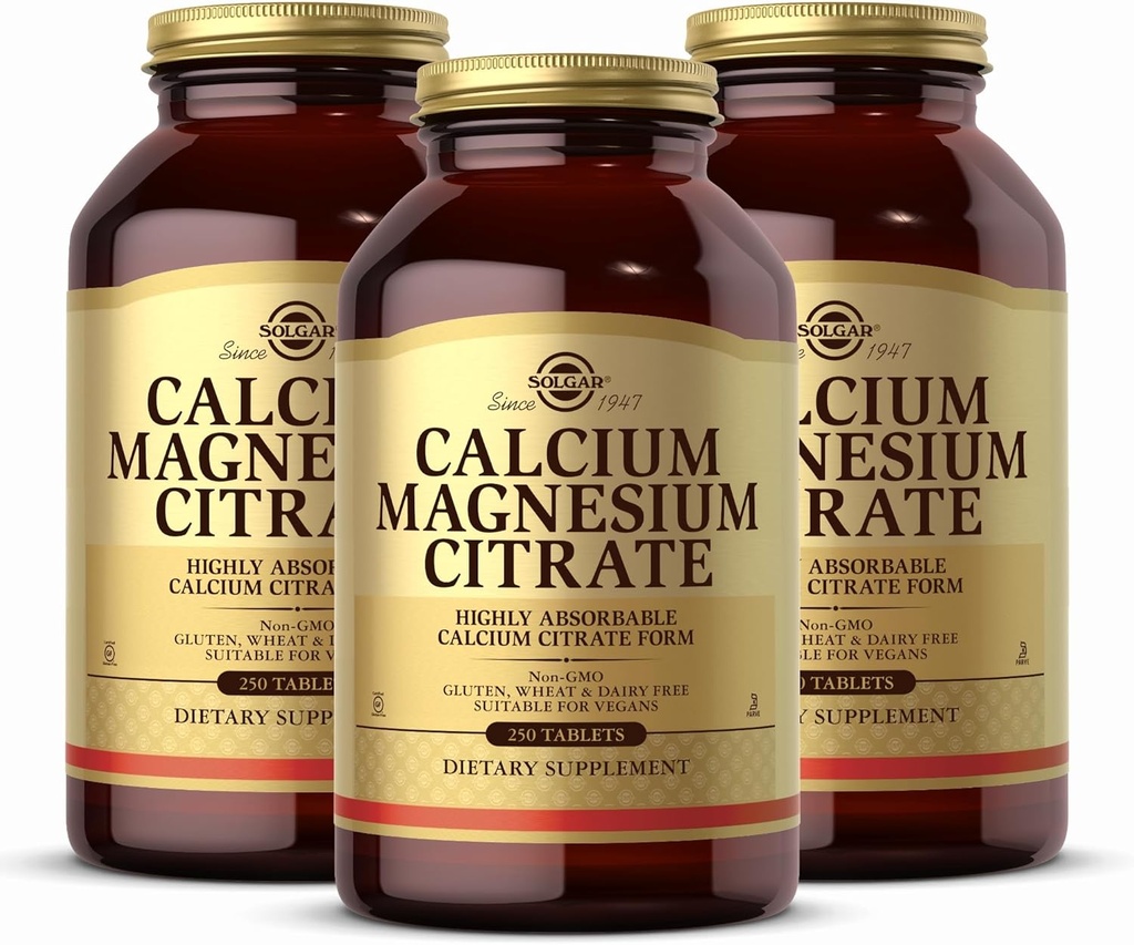Citrato de magnesio Solgar Calcio, 250 Tabletas (Pack of 3) - Soportes Huesos saludables " Dientes - Musculoesquelético " Apoyo al sistema nervioso - Altamente Absorbable - No OGM y Vegan - 150 Servicios totales