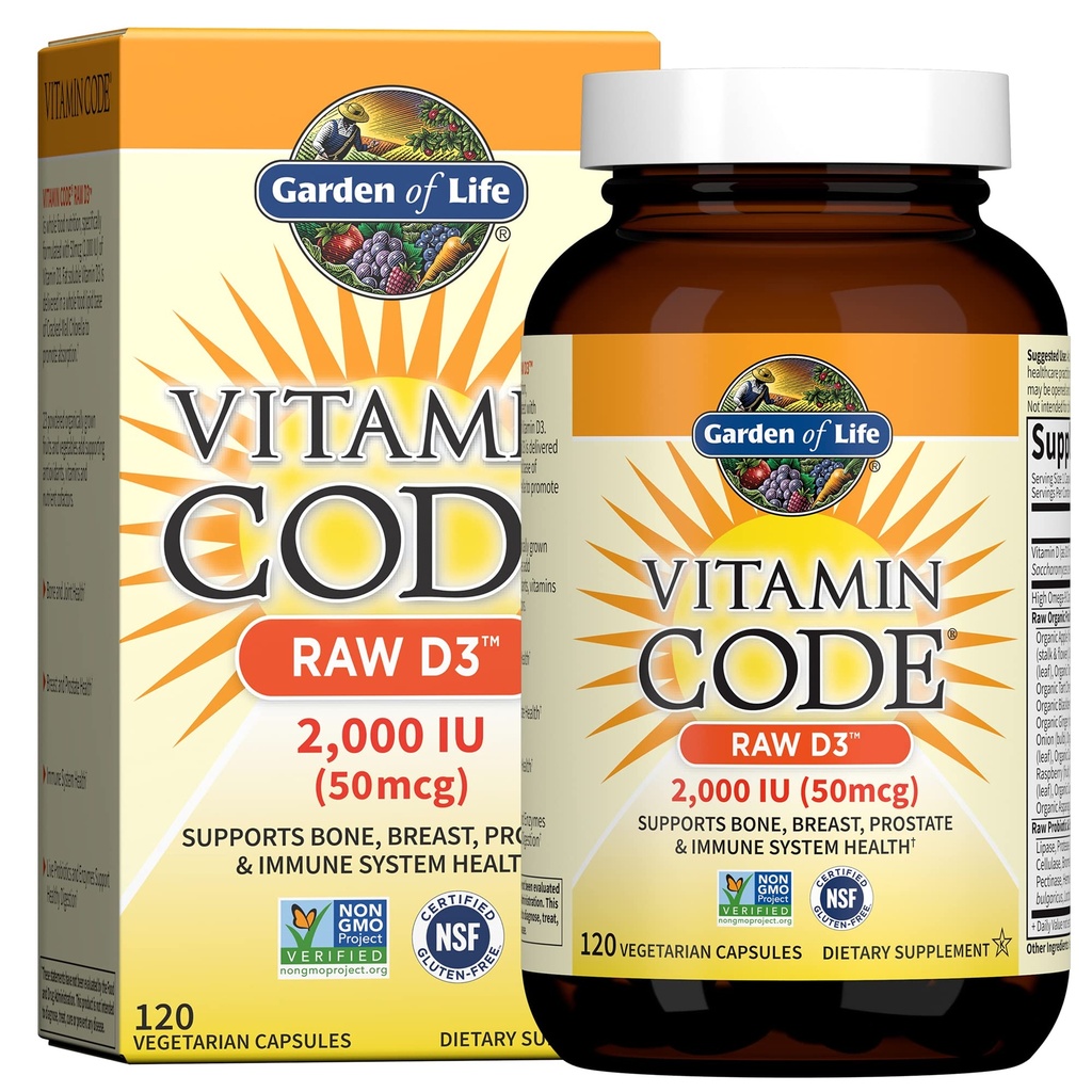 Garden of Life Vitamin D, Vitamin Code Raw D3, Vitamina D 2,000 UI, Raw Whole Food D3 Suplementos con Clorella, Frutas, verduras y probióticos para la salud ósea, 120 cápsulas vegetarianas