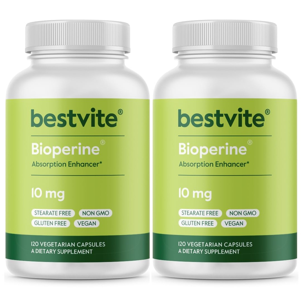 Bioperina 10mg (240 cápsulas vegetarianas) (120 x 2) - No Stearates - Vegan - No GMO - Gluten Gratis - Absorción Enhancer