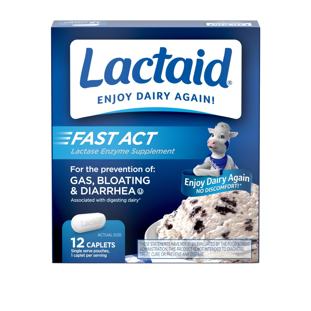 Lactaid Fast Act Lactose Intolerance Caplets with Lactase Enzyme to Prevent Gas, Bloating " Diarrhea Due to Lactose Sensitivity, Ideal para viajar " On-The-Go, 12 Packs of 1-Count