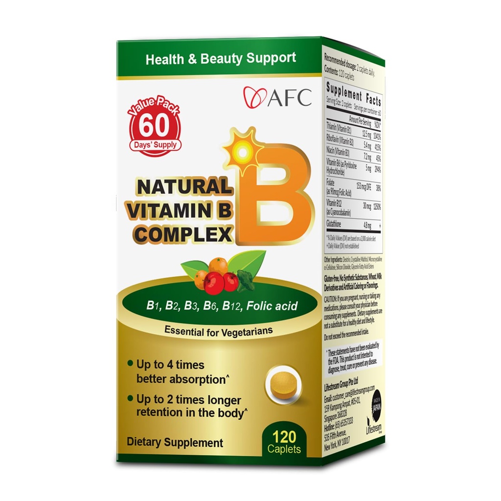 AFC Japón Complejo de vitamina B natural con B1, B2, B3, B6, B12, ácido fólico " extracto de levadura Glutathione, sin sintéticos, no transgénicos, suplemento para estrés, energía, sistema nervioso " ,120 cápsulas veganas