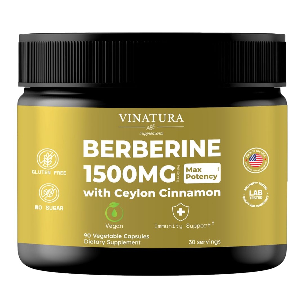 VINATURA Berberine 1500mg - Suplemento de Berberina con canela de Ceylán, Max Potency Berberine HCL - 90 cápsulas
