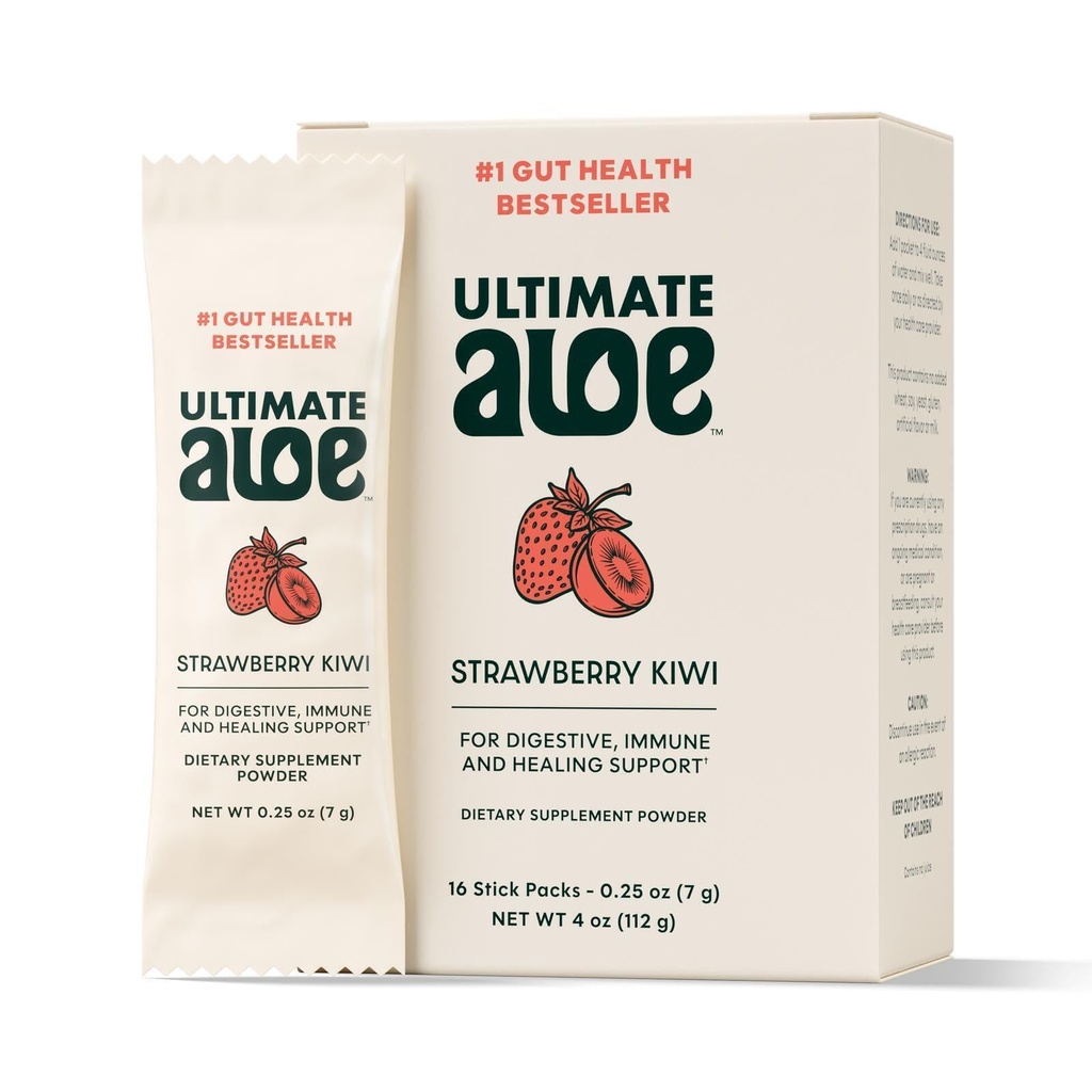 Polvo Aloe Ultimate – Fresa Kiwi Flavor, soporta Salud Digestiva, Sistema Inmunitario " Curación Normal, Aloe en Packets de Polvo Conveniente, 16 Packets, Sin gluten, Vegan, No GMO