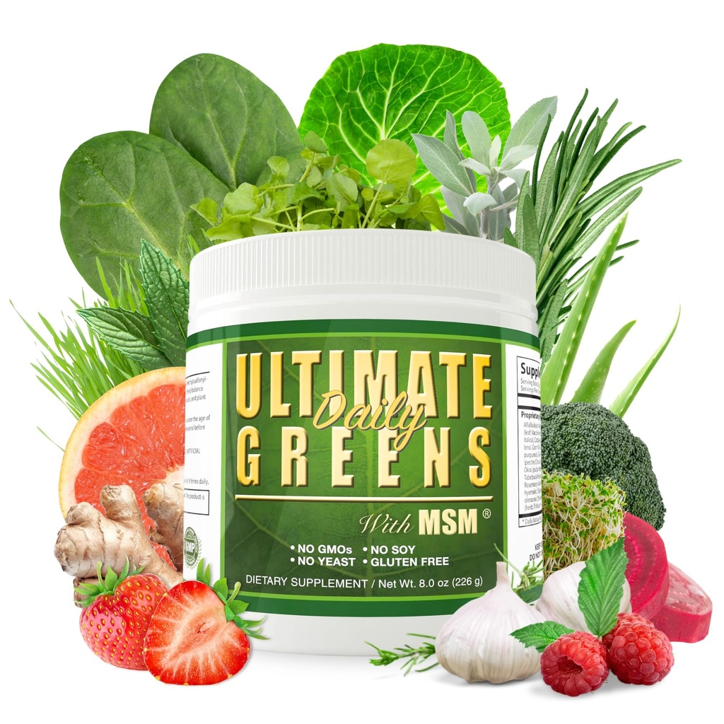 Salud diaria, Últimos Verdes con MSM Powder, Vegan Friendly Natural Ingredientes Gluten Soy Gratis NO GMO Superfood Vegetable Nutrición Bebida Alkalizing Energy 8oz 1 Pack (1 Month Supply)