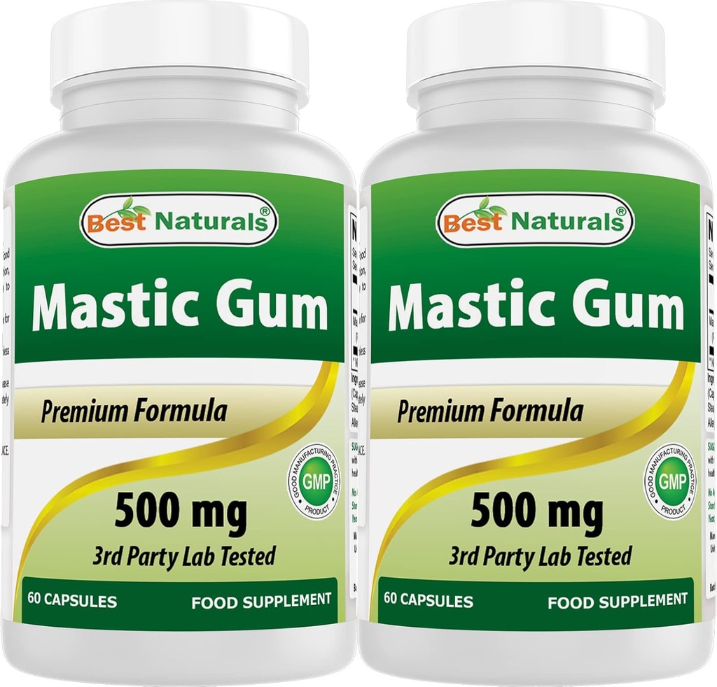 Mejores Naturales 2 Pack Mastic Gum Capsules 500 mg - 60 Cuenta - (No-GMO) (Gluten Free) - Promueve Salud Sanitaria y Duodenal - (Total 120 cápsulas)