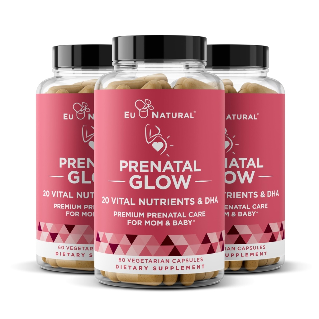 Glow Prenatal Vitaminas para Mujer 3-Pack Bundle – 20-in-1 Nutrientes vitales para el embarazo saludable y el desarrollo fetal – ácido fólico " Vegan DHA Para el crecimiento del bebé " Un embarazo cómodo – 180 cápsulas