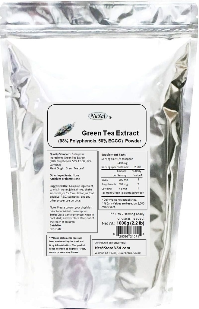 Extracto de té verde Polvo a granel Estándarizado 98% Polifenoles y 50% EGCG GMO Libre No-Irradiado (1000 gramos (2.2 lb))