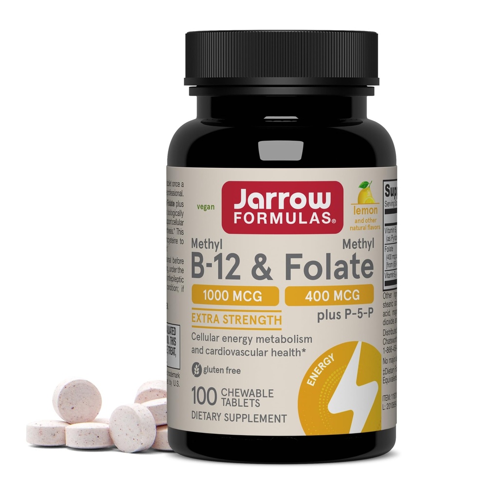 Jarrow Formulas Methyl B-12 1000 MCG y Metil Folate 400 MCG, Extra Strength, Cellular Energy Metabolism y Cardiovascular Health Formula(1) Con P-5-P, 100 Tablets Chewable, Hasta 100 Day Supply