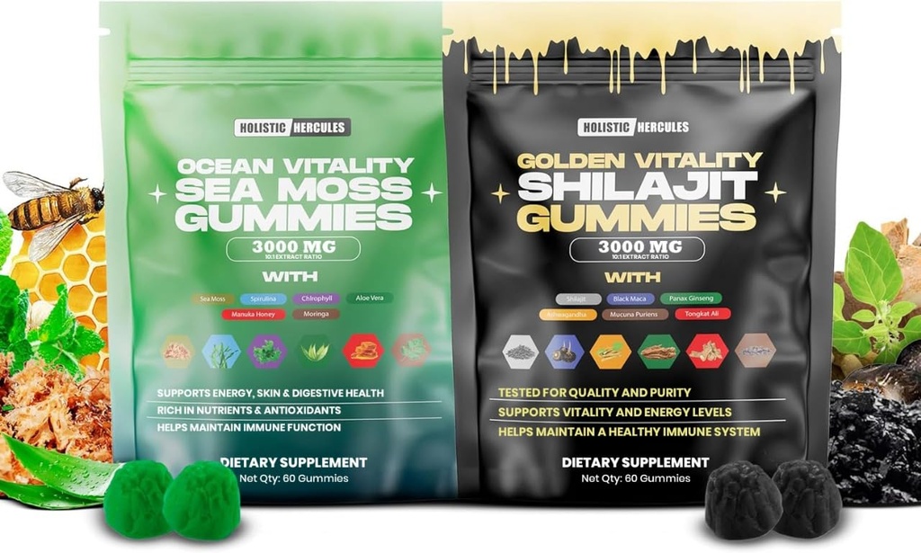 Hércules Holística Moss Mar " Pure Himalayan Shilajit Gummies Oro ← 100% Natural Orgánica Vegan  No Añadido Sugar ← Ashwagandha Tongkat Ali Ginseng Spirulina Moringa Manuka Honey ← 60 Gummies 2 Pack
