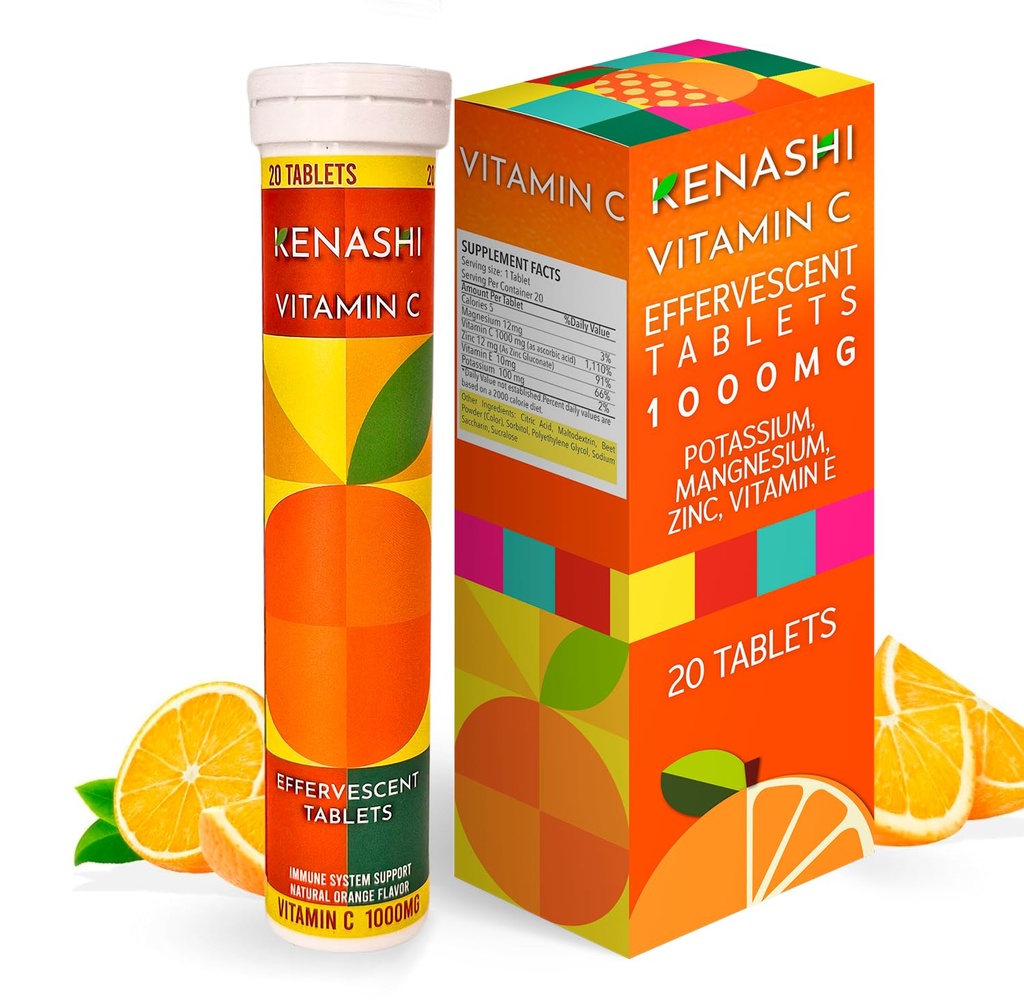 Vitamina C 1000mg Tablas efervescentes Vitamina con Potasio Zinc Magnesio E Vitamina C Efervescente para Adulto Zinc y Vitamina C 20 Tablas