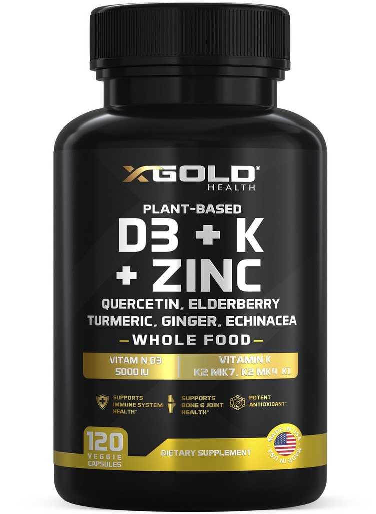 Vitamina D, K2, K1, Zinc, Quercetin, Elderberry, Turmeric, Ginger &amp; Echinacea Suplemento Alimentario completo 8 en 1- D3 5000 UI Planta-Basada de Lichen, Vitamina K (K2 MK7, MK4, K1), D3 K2 Vitaminas -120 cápsulas