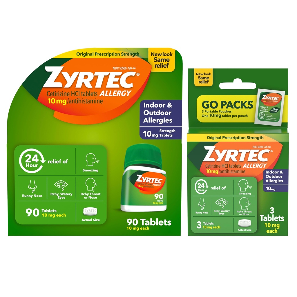Zyrtec 24 horas Alivio de Alergia Tabletas, Indoor &amp; Alergia al aire libre Medicina con 10 mg Cetirizine Hydrochloride Antihistamine, Value Bundle of one, 90 ct Bottle & Three, 1 ct Travel Packs