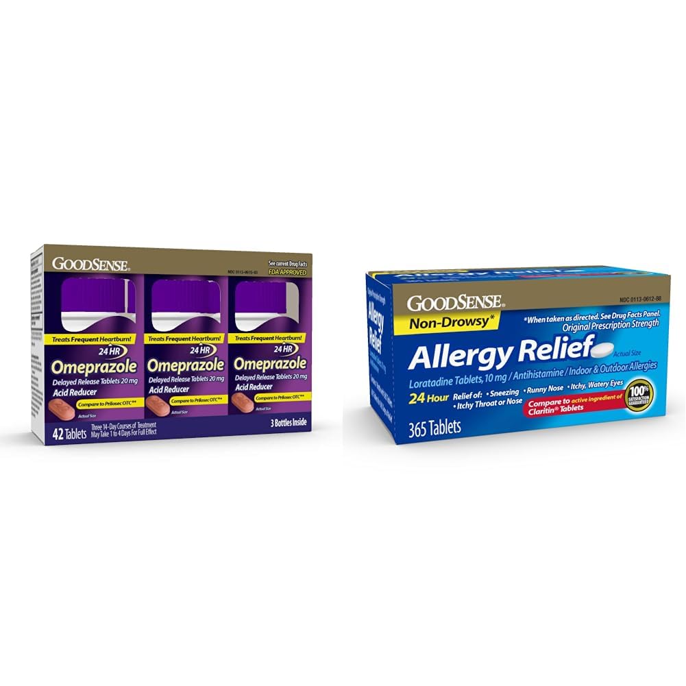 GoodSense Omeprazole Tablets 20mg 14 Count Pack of 3 & Loratadine Tablets 10mg 365 Count Allergy Relief Antihistamine