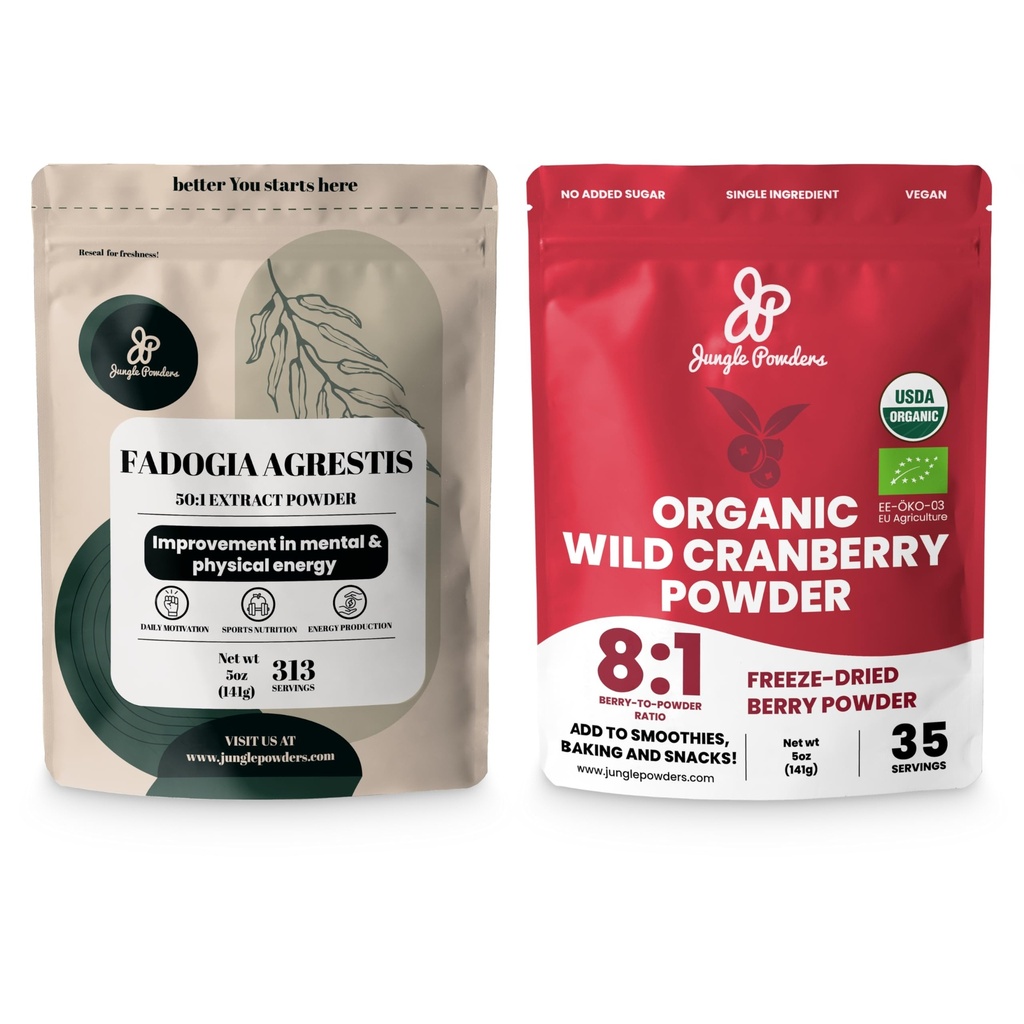 Polvos Jungle Ultimate Hombres Wellness Duo: 5oz Fadogia Agrestis Extracto &amp; 5oz Polvo de arándano orgánico de arándano - Suplemento de Fadogia Nigeriana para Drive & Passion, USDA Certified Cranberry Superfood