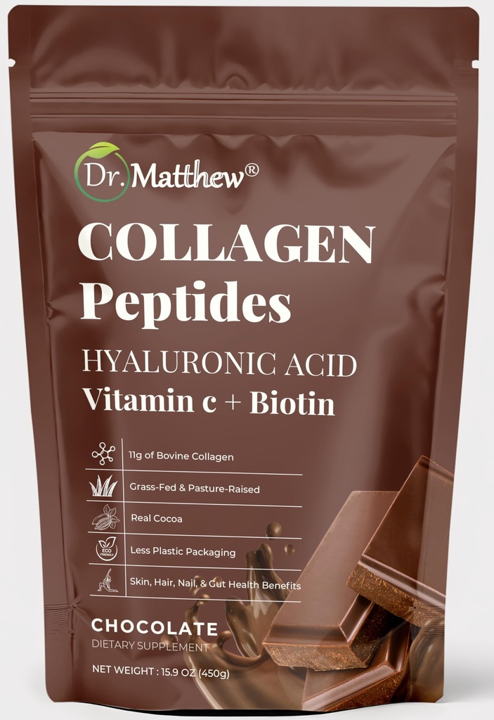 Chocolate Collagen Powder. Colágeno con ácido hialurónico y vitamina C. Chocolate Collagen Peptides Powder Chocolate. Colágeno con vitamina C &amp; Biotina para el cabello, la piel, las uñas, la articulación. Keto, Tipo 1 y 3.