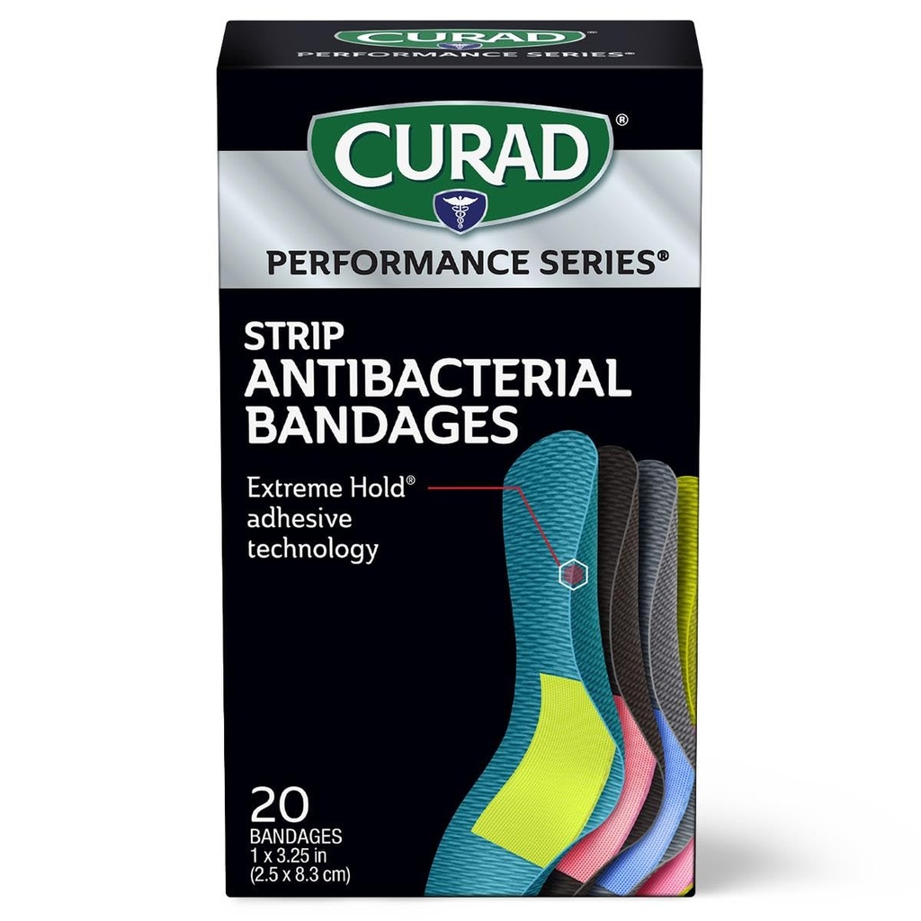 CURAD Performance Series IRONMAN Antibacterial Bandages, Extreme Hold Adhesive Technology, Standard Size Flexible Fabric Bandages for Cuts, Scrapes, " Burns, Assorted Colors, 1 x 3.25 pulgadas, 20 Cuenta