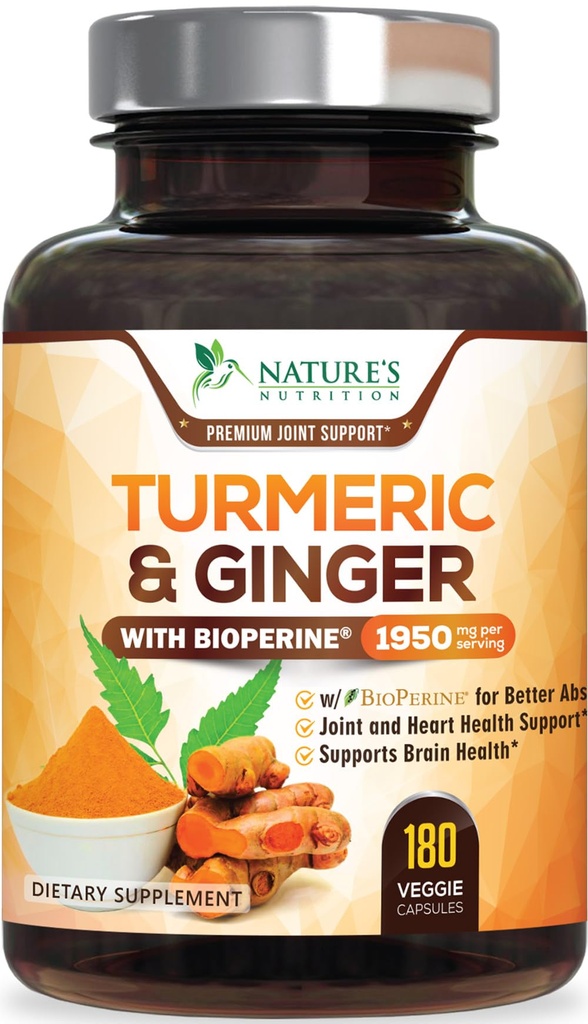 Curcumin Turmeric Suplemento 1950mg - 95% Curcuminoides con Turmeric Orgánica " Ginger, BioPerine Black Pepper for Best Absorption, Nature's Vegan Joint Support, Non-GMO, Bottled in USA - 180 Capsules