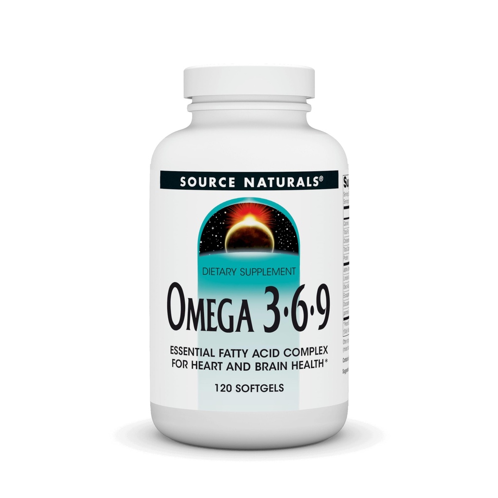 Fuente Naturales Omega 3-6-9, Complejo de ácido graso esencial para la salud cardíaca y cerebral* - 120 Softgels